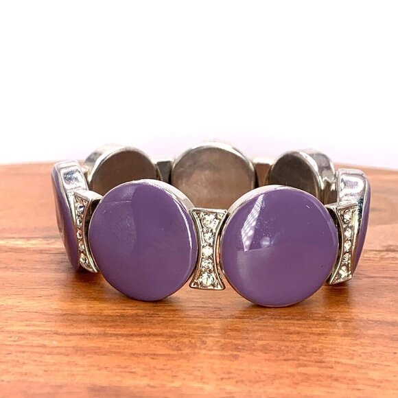 Purple & Silver Crystal Embossed Stretch Bracelet One Size - Picture 1 of 3